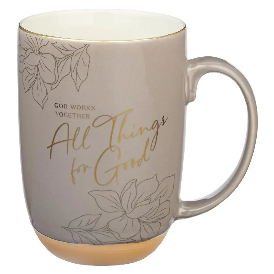 God Works For Good Romans 8:28 Mug Taupe