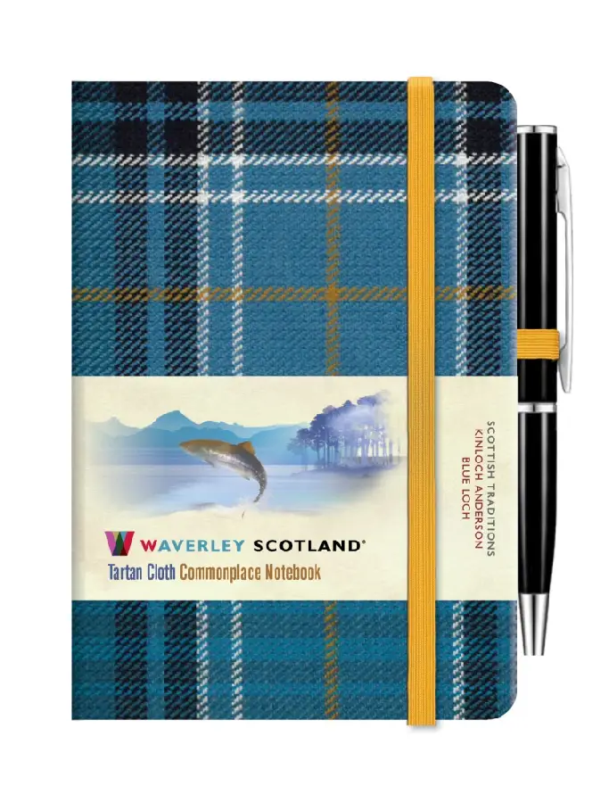 Waverley Blue Loch Tartan cloth mini notebook with pen
